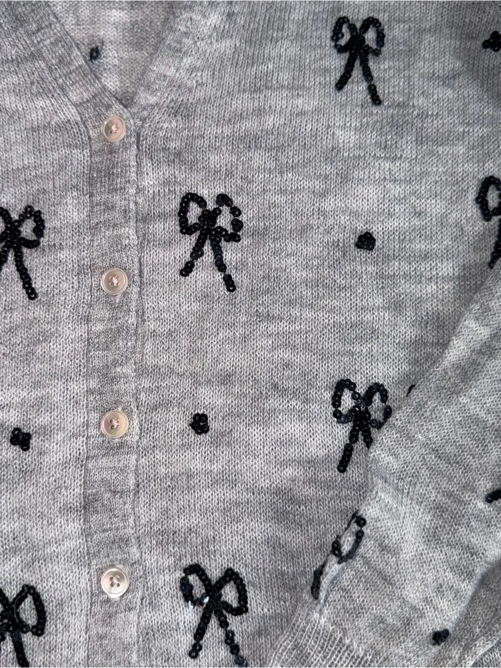 J Crew Gray V-Neck Cardigan with Black Sequin Bows- Medium